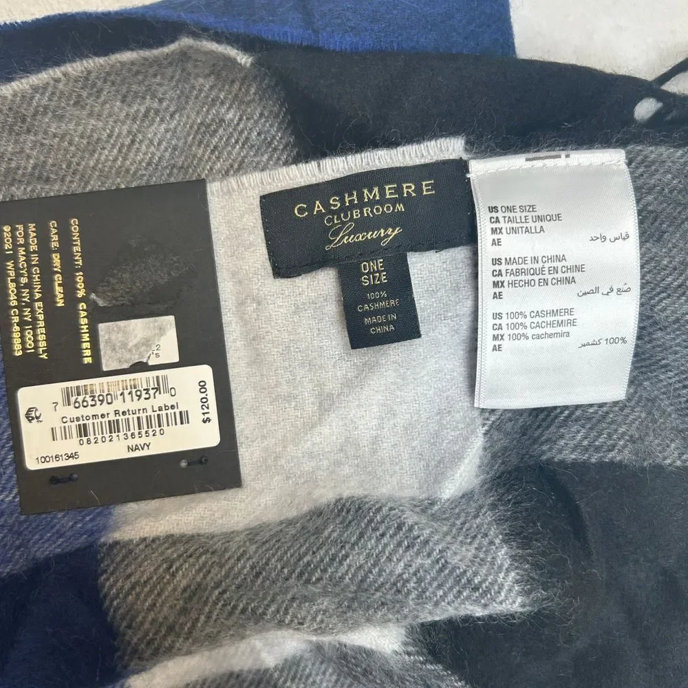 Club Room Luxury 100%‎ Cashmere Scarf One Size Blue Gray Buffalo Check Plaid